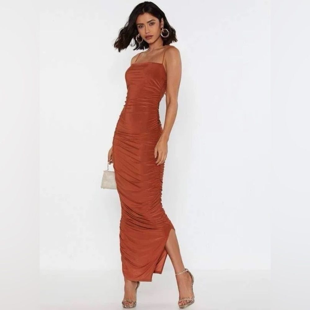 Nasty Gal Ruched Midi Dress Cinnamon NEW US 6 Sexy
